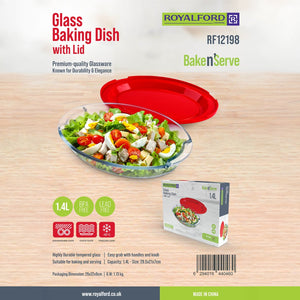 Royalford RF12198 1.4L Glass Baking Dish with Lid | Tempered Glass Bake & Serve Casserole | Oven Safe, Freezer Safe (-10°C), Dishwasher Safe | BPA Free & Lead Free