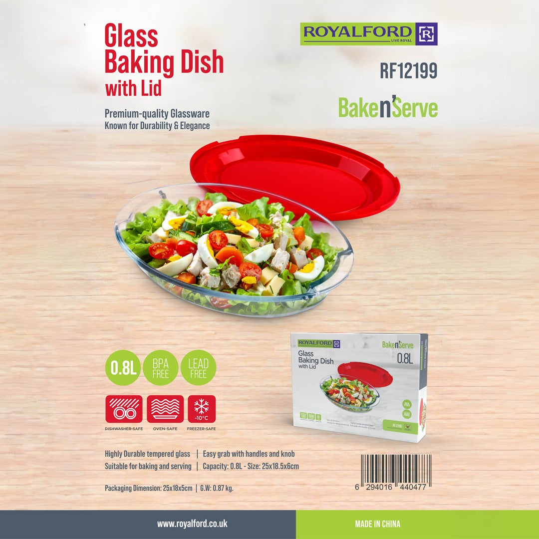 Royalford RF12199 Glass Baking Dish with Lid 0.8L Capacity | Tempered Glass Bakeware | Oven Safe, Freezer Safe  & Dishwasher Safe | BPA Free & Lead Free Bake & Serve Dish