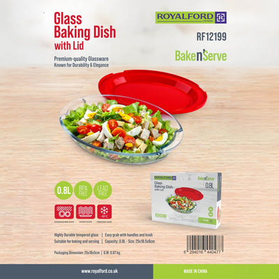 Royalford RF12199 Glass Baking Dish with Lid 0.8L Capacity | Tempered Glass Bakeware | Oven Safe, Freezer Safe  & Dishwasher Safe | BPA Free & Lead Free Bake & Serve Dish