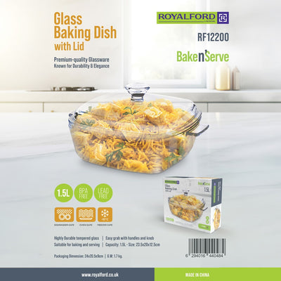 Royalford RF12200 1.5L Glass Baking Dish with Lid | Tempered BPA Free & Lead Free, Oven Safe, Freezer Safe, Dishwasher Safe Bake n Serve Casserole for Cooking & Storage