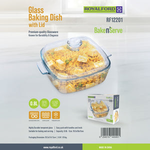 Royalford RF12201 0.8L Tempered Glass Baking Dish with Lid | BPA & Lead Free Bake and Serve Casserole | Oven, Microwave, Freezer & Dishwasher Safe Clear Glass Cookware