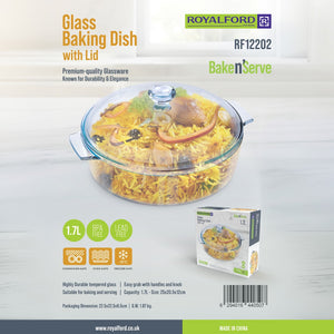 Royalford RF12202 1.7L Glass Baking Dish with Lid | Tempered BPA Free & Lead Free | Oven Safe, Freezer Safe, Dishwasher Safe Bake n Serve Casserole for Cooking & Serving