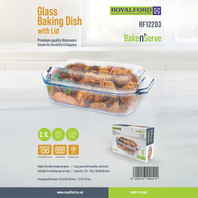Royalford RF12203 2.1L Glass Baking Dish with Lid | Premium Tempered Glass Bake n’ Serve | Oven, Dishwasher & Freezer Safe up to -10°C | BPA & Lead Free Cookware