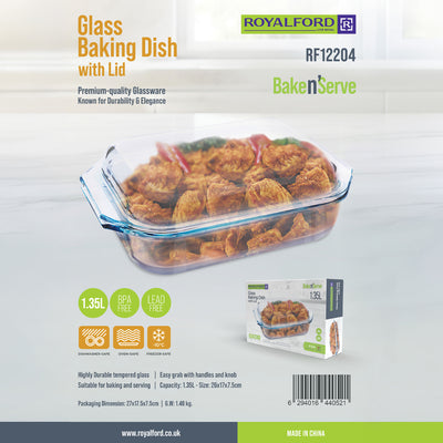 Royalford RF12204 Glass Baking Dish with Lid 1.35L| Tempered Oven Safe Bakeware | Durable BPA Free , Lead Free Glass Casserole  | Perfect for Baking, Serving & Storage