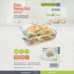 Royalford RF12205 Glass Baking Dish with Lid 2.0L| Tempered Oven Safe Bakeware | Durable BPA Free, Lead Free Glass Casserole Dish | Perfect for Baking, Serving & Storage