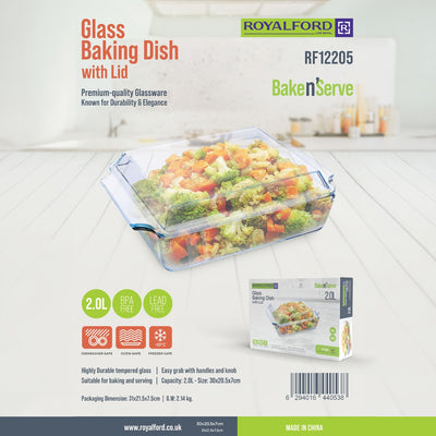 Royalford RF12205 Glass Baking Dish with Lid 2.0L| Tempered Oven Safe Bakeware | Durable BPA Free, Lead Free Glass Casserole Dish | Perfect for Baking, Serving & Storage