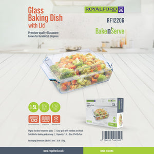 Royalford RF12206 1.5L Glass Baking Dish with Lid | BPA Free & Lead Free Tempered Glass | Oven Safe | Freezer Safe & Dishwasher Safe Bakeware for Baking and Serving
