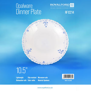 Royalford RF12214 10.5" opalware dinner plate| lightweight and chip-resistant with elegant floral design| microwave and dishwasher safe, ideal for serving meals|