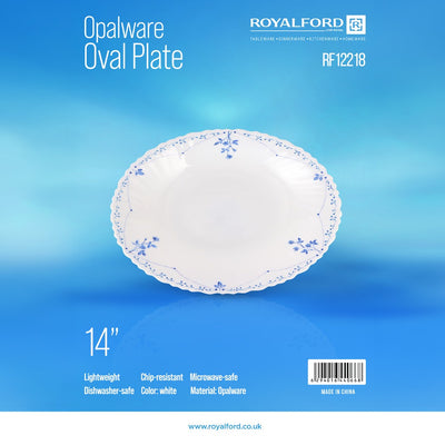 Royalford RF12218 Opalware Oval Plate 14 Inch| Chip Resistant Microwave and Dishwasher Safe Lightweight| Durable White Serving Plate with Elegant Floral Design|