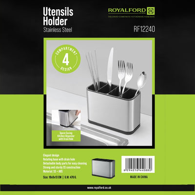 Royalford RF12240 Stainless Steel Utensils Holder | 4 Compartment Design | Drain Hole, Detachable Parts, Rotating Base | Space-Saving Kitchen Organizer for Home Use