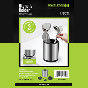 Royalford RF12241 Stainless Steel Utensils Holder | 3 Compartment Design | Rotating Base, Drain Hole, Detachable Parts | Space-Saving Kitchen Organizer for Home Use