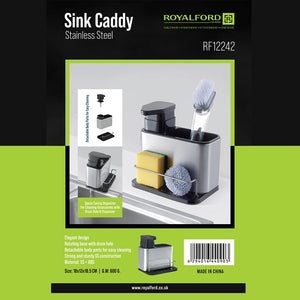 Royalford RF12242 Stainless Steel Sink Caddy | Built-in Soap Dispenser |Sponge & Brush Holder, Drain Tray, Detachable Parts| Space-Saving Kitchen Organizer for Home Use