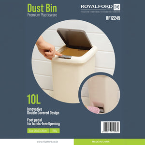 Royalford RF12245 10L Plastic Dust Bin | Compact Hands-Free Hygienic Waste Bin | Durable Premium Plastic Design | Foot Pedal & Double Covered Lid for Home & Office Use
