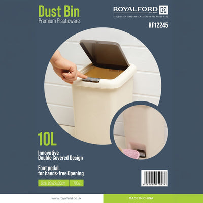 Royalford RF12245 10L Plastic Dust Bin | Compact Hands-Free Hygienic Waste Bin | Durable Premium Plastic Design | Foot Pedal & Double Covered Lid for Home & Office Use