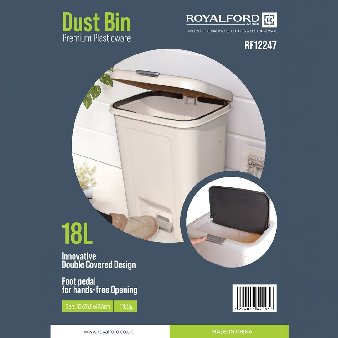 Royalford RF12247 18L Plastic Dust Bin | Foot Pedal & Double Lid for Home, Kitchen & Office Use | Hands-Free Hygienic Waste Disposal with Durable Premium Design