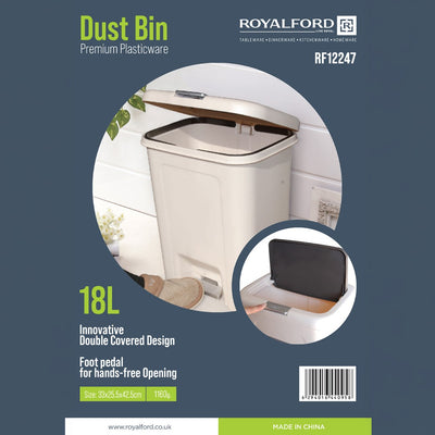 Royalford RF12247 18L Plastic Dust Bin | Foot Pedal & Double Lid for Home, Kitchen & Office Use | Hands-Free Hygienic Waste Disposal with Durable Premium Design