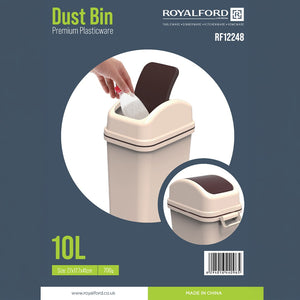 Royalford RF12248 10L Premium Plastic Dust Bin | Compact Space-Saving Design |Durable Build & Easy Everyday Waste Disposal | Swing Lid for Home, Kitchen & Office Use