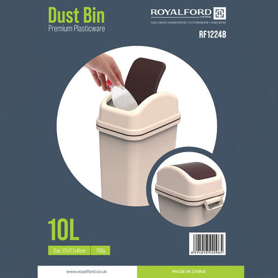 Royalford RF12248 10L Premium Plastic Dust Bin | Compact Space-Saving Design |Durable Build & Easy Everyday Waste Disposal | Swing Lid for Home, Kitchen & Office Use