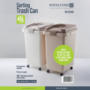 Royalford RF12249 Sorting Trash Can| 45LCapacity with Interlocking Clips| Press-Open Lid| 360° Rotating Wheels with Brake, Handle & Durable Plastic Body for Home & Office