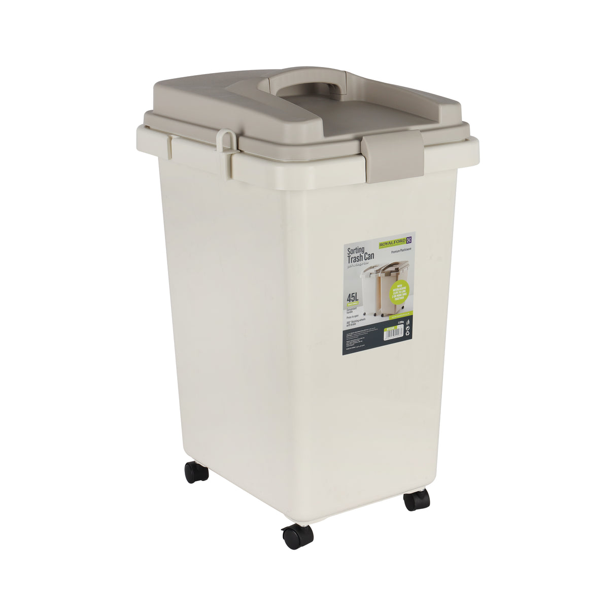 Royalford RF12249 Sorting Trash Can| 45LCapacity with Interlocking Clips| Press-Open Lid| 360° Rotating Wheels with Brake, Handle & Durable Plastic Body for Home & Office