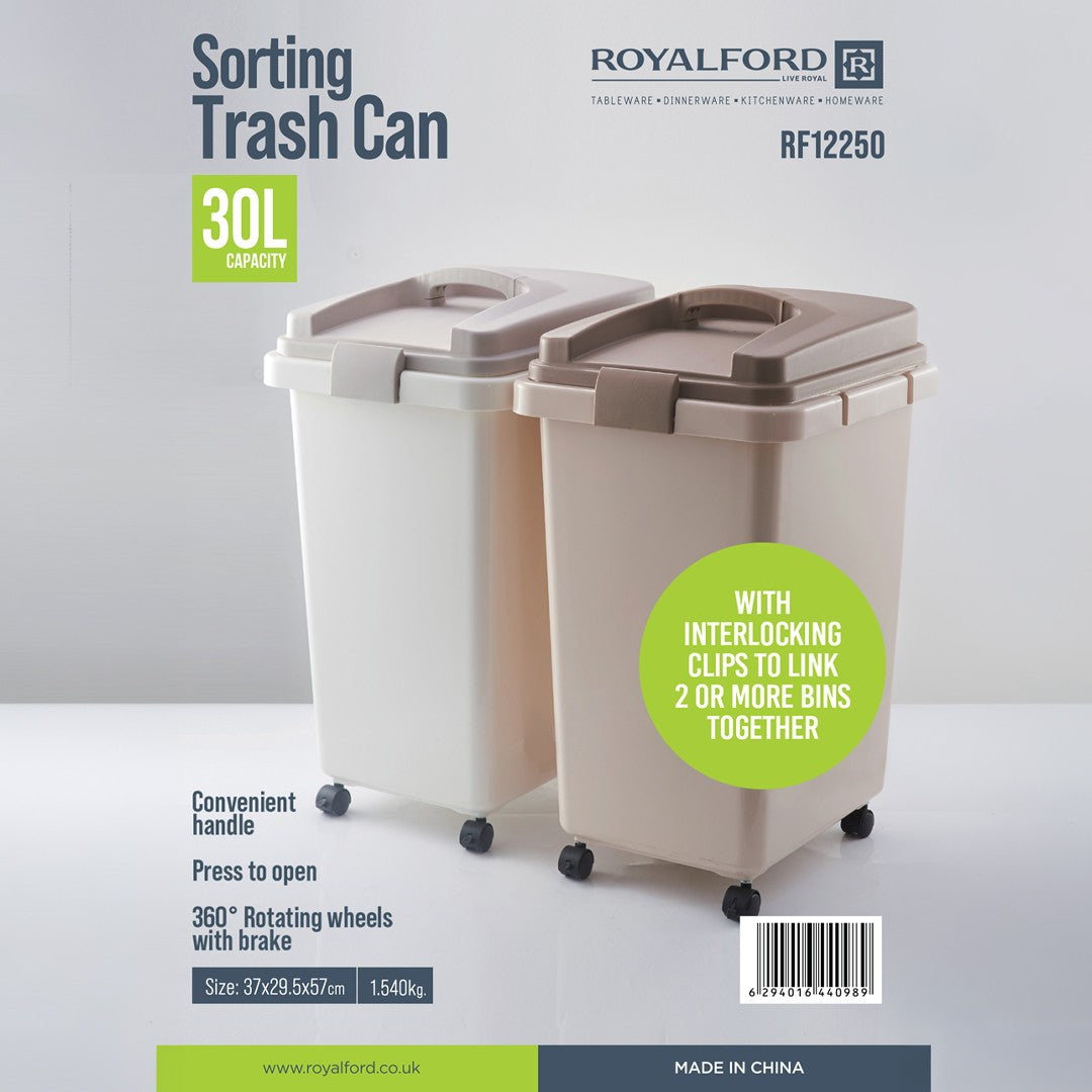 Royalford RF12250 30L Sorting Trash Can |   Interlocking Clips|  Press-Open Lid|  Durable Plastic Waste Bin for Home, Kitchen, Office, Bathroom, and Waste Segregation