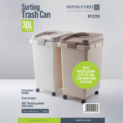 Royalford RF12250 30L Sorting Trash Can |   Interlocking Clips|  Press-Open Lid|  Durable Plastic Waste Bin for Home, Kitchen, Office, Bathroom, and Waste Segregation