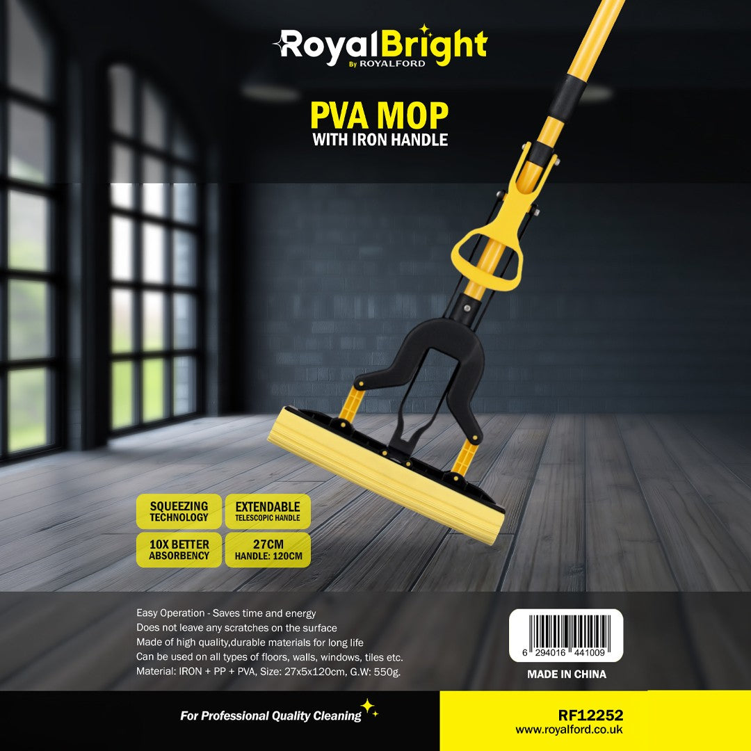 Royalford RF12252 PVA Mop with Iron Handle | 27cm Wide Squeeze Sponge Mop with 120cm Extendable Telescopic Handle | High Absorbency Multi-Surface Floor Cleaning Mop