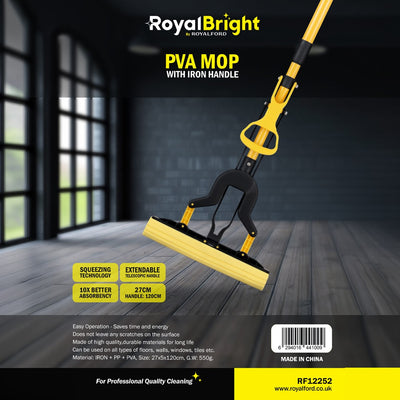 Royalford RF12252 PVA Mop with Iron Handle | 27cm Wide Squeeze Sponge Mop with 120cm Extendable Telescopic Handle | High Absorbency Multi-Surface Floor Cleaning Mop