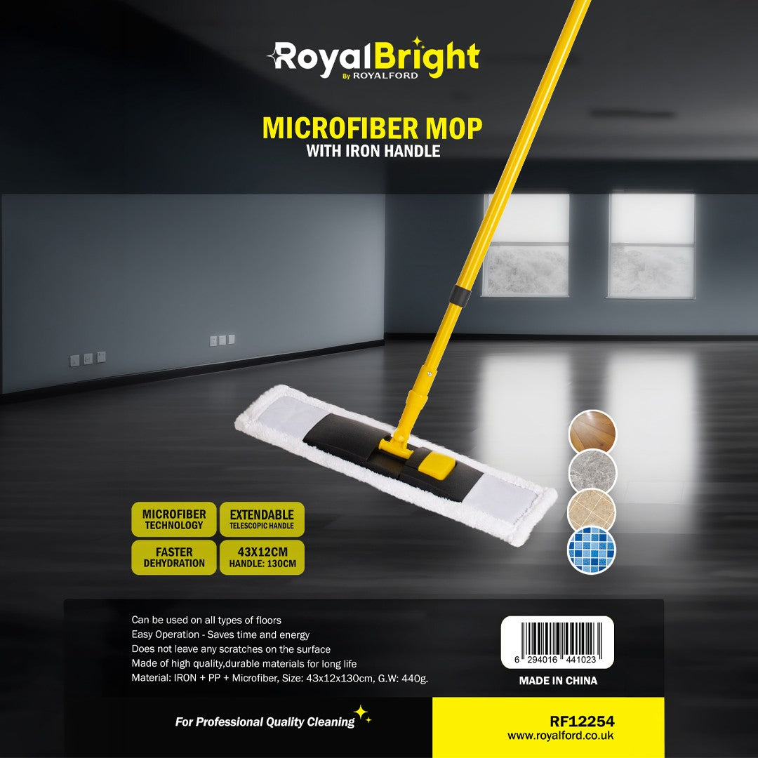 Royalford RF12254 Microfiber Mop with Iron Handle | 43x12cm Wide Head | 130cm Extendable Telescopic Handle | Scratch-Free Professional Floor Cleaning Mop for All Surfaces