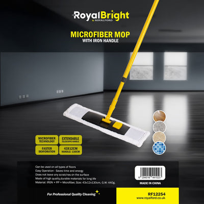 Royalford RF12254 Microfiber Mop with Iron Handle | 43x12cm Wide Head | 130cm Extendable Telescopic Handle | Scratch-Free Professional Floor Cleaning Mop for All Surfaces