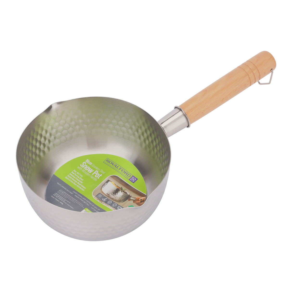 Royalford RF12259 16cm Stainless Steel Snow Pot |Wooden Handle | Induction Compatible Hammer Mesh Finish Milk, Sauce & Soup Pan| Dual Pouring Spout for Even Heat Cooking