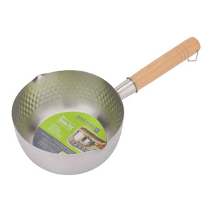 Royalford RF12259 16cm Stainless Steel Snow Pot |Wooden Handle | Induction Compatible Hammer Mesh Finish Milk, Sauce & Soup Pan| Dual Pouring Spout for Even Heat Cooking