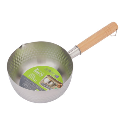 Royalford RF12259 16cm Stainless Steel Snow Pot |Wooden Handle | Induction Compatible Hammer Mesh Finish Milk, Sauce & Soup Pan| Dual Pouring Spout for Even Heat Cooking