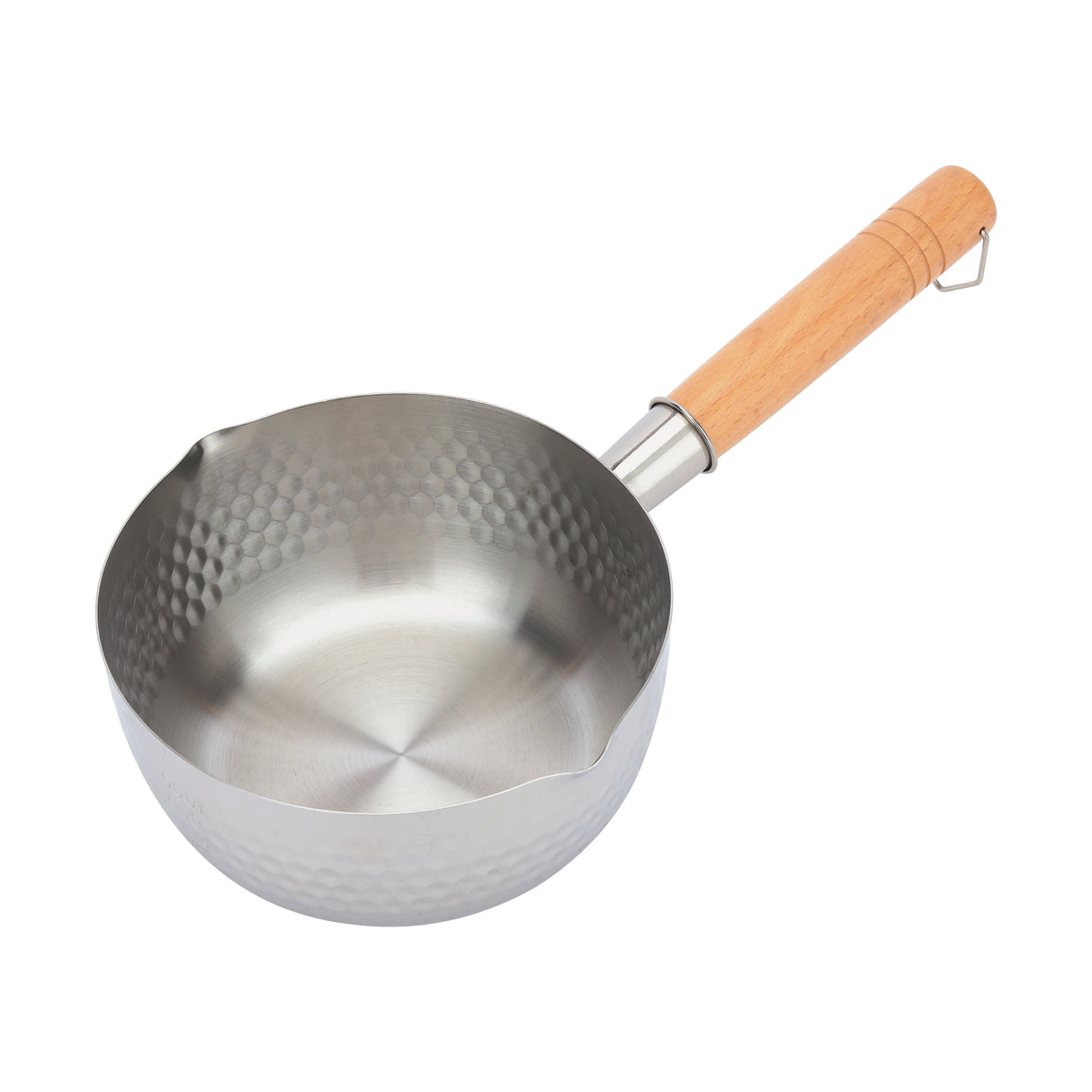 Royalford RF12259 16cm Stainless Steel Snow Pot |Wooden Handle | Induction Compatible Hammer Mesh Finish Milk, Sauce & Soup Pan| Dual Pouring Spout for Even Heat Cooking