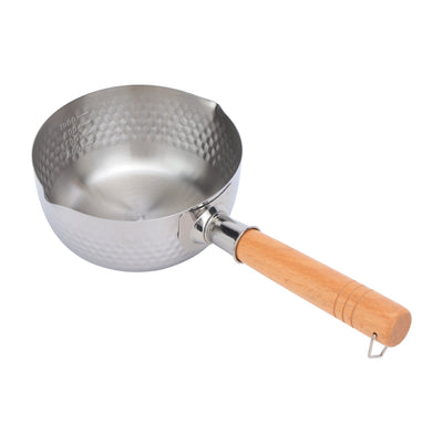 Royalford RF12259 16cm Stainless Steel Snow Pot |Wooden Handle | Induction Compatible Hammer Mesh Finish Milk, Sauce & Soup Pan| Dual Pouring Spout for Even Heat Cooking