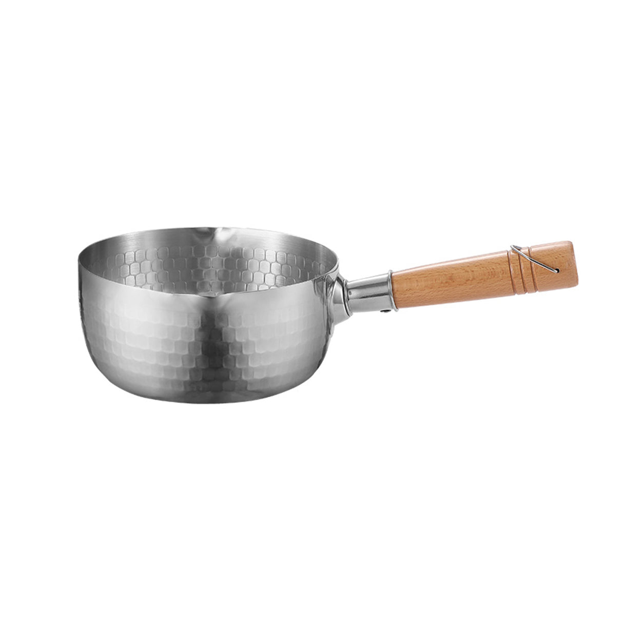 Royalford RF12259 16cm Stainless Steel Snow Pot |Wooden Handle | Induction Compatible Hammer Mesh Finish Milk, Sauce & Soup Pan| Dual Pouring Spout for Even Heat Cooking