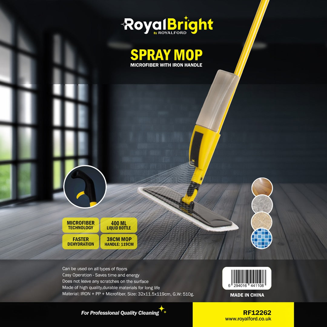 Royalford RF12262 Spray Mop with Microfiber Pad | 400ml Refillable Bottle | Durable Iron Handle |38cm Wide Head | Multi-Surface Floor Cleaning System | Multi-Surface Use