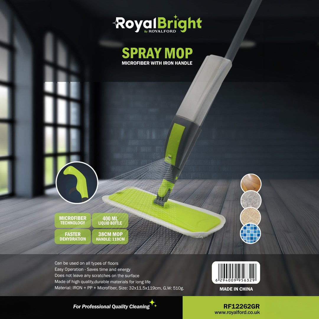 Royalford RF12262GR RoyalBright Spray Mop with Microfiber Pad | 400ml Refillable Bottle | Durable Iron Handle | 38cm Wide Head | Multi-Surface Floor Cleaning System