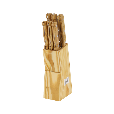 Royalford RF12264 7PCS Kitchen Knife Set | Wooden Block | Extra-Sharp Stainless Steel Blades |Ergonomic Wooden Handles |Pinewood Storage Stand for Home & Professional Use
