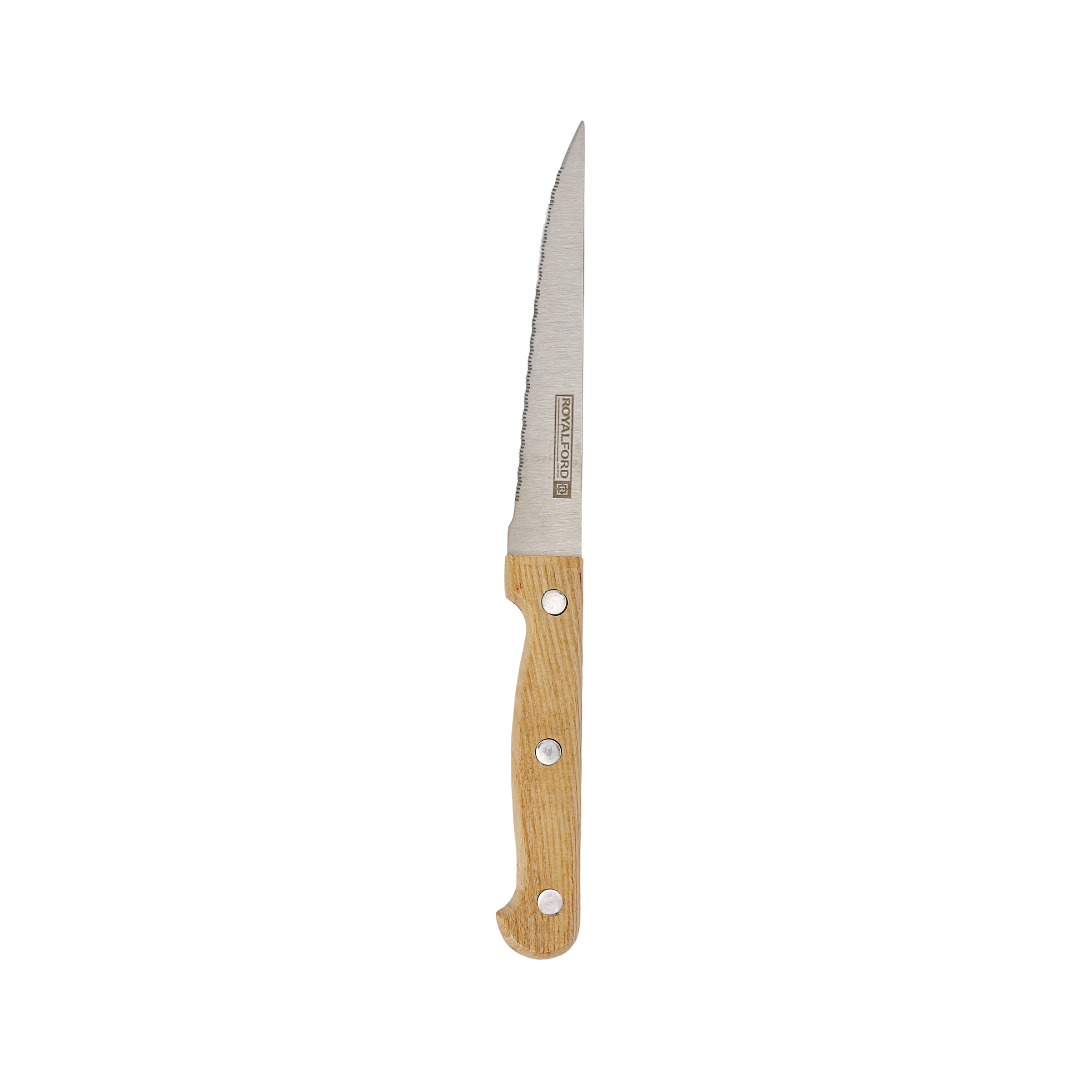 Royalford RF12264 7PCS Kitchen Knife Set | Wooden Block | Extra-Sharp Stainless Steel Blades |Ergonomic Wooden Handles |Pinewood Storage Stand for Home & Professional Use
