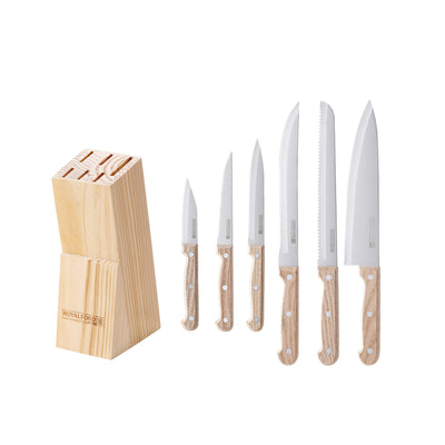 Royalford RF12264 7PCS Kitchen Knife Set | Wooden Block | Extra-Sharp Stainless Steel Blades |Ergonomic Wooden Handles |Pinewood Storage Stand for Home & Professional Use