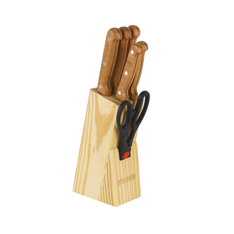 Royalford RF12265 7PCS Kitchen Knife Set | Wooden Block & Scissors | Sharp Stainless Steel Blades | Ergonomic Wooden Handles | Pinewood Stand for Home & Professional Use