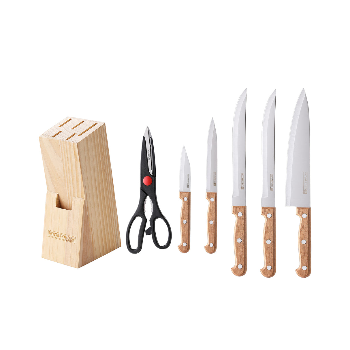 Royalford RF12265 7PCS Kitchen Knife Set | Wooden Block & Scissors | Sharp Stainless Steel Blades | Ergonomic Wooden Handles | Pinewood Stand for Home & Professional Use