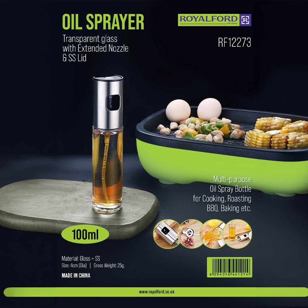 Royalford RF12273 Oil Sprayer Bottle | 100ml Glass Oil Spray | Stainless Steel Lid | Refillable Transparent Cooking Oil Mister for Air Fryer, Roasting  & Healthy Cooking