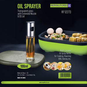 Royalford RF12273 Oil Sprayer Bottle | 100ml Glass Oil Spray | Stainless Steel Lid | Refillable Transparent Cooking Oil Mister for Air Fryer, Roasting  & Healthy Cooking