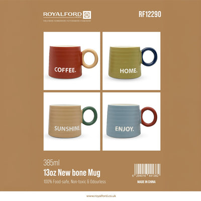 Royalford RF12290 13oz New Bone Mug | 385ml Capacity| Food-Safe Ceramic Coffee & Tea Mug | Sturdy Handle | Odourless Finish | Stylish Printed Design for Home and Office