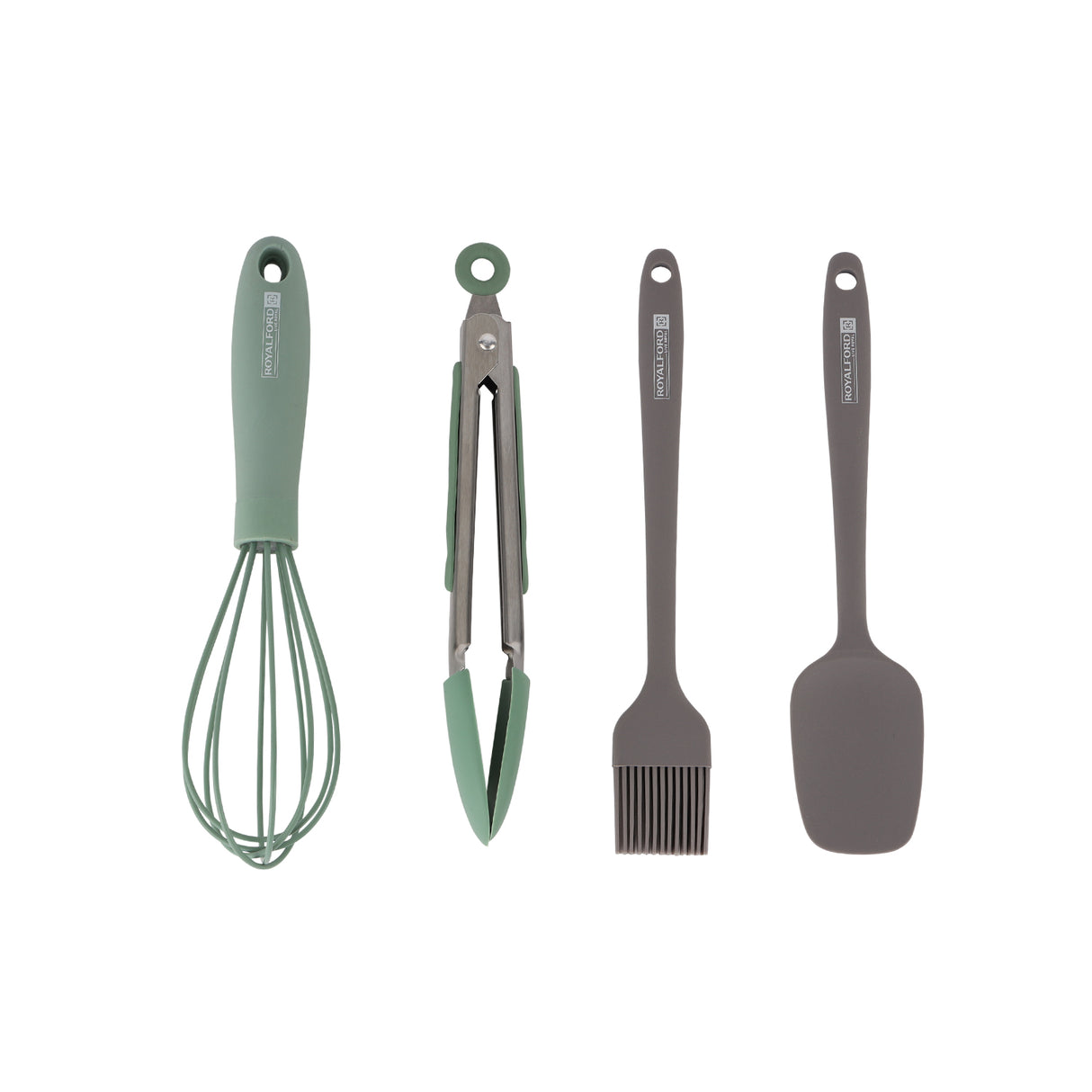Royalford RF12318 4PC Silicone Kitchen Tools Set | Spatula, Oil Brush, Egg Whisk & Stainless Steel Food Tong| 100% Food Grade |BPA Free Heat Resistant Cooking Utensils