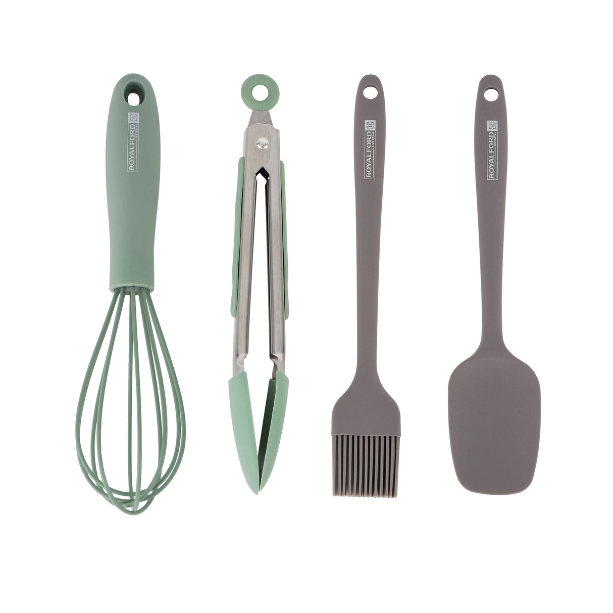 Royalford RF12318 4PC Silicone Kitchen Tools Set | Spatula, Oil Brush, Egg Whisk & Stainless Steel Food Tong| 100% Food Grade |BPA Free Heat Resistant Cooking Utensils