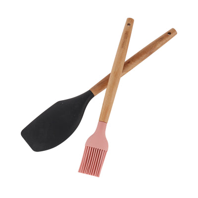 Royalford RF12319 2PC Silicone Kitchen Tools Set | Wooden Handle | BPA Free Food Grade Silicone Spatula Scraper & Oil Brush | Non Stick Safe Cooking Baking  Utensils Set