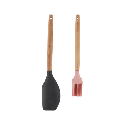 Royalford RF12319 2PC Silicone Kitchen Tools Set | Wooden Handle | BPA Free Food Grade Silicone Spatula Scraper & Oil Brush | Non Stick Safe Cooking Baking  Utensils Set